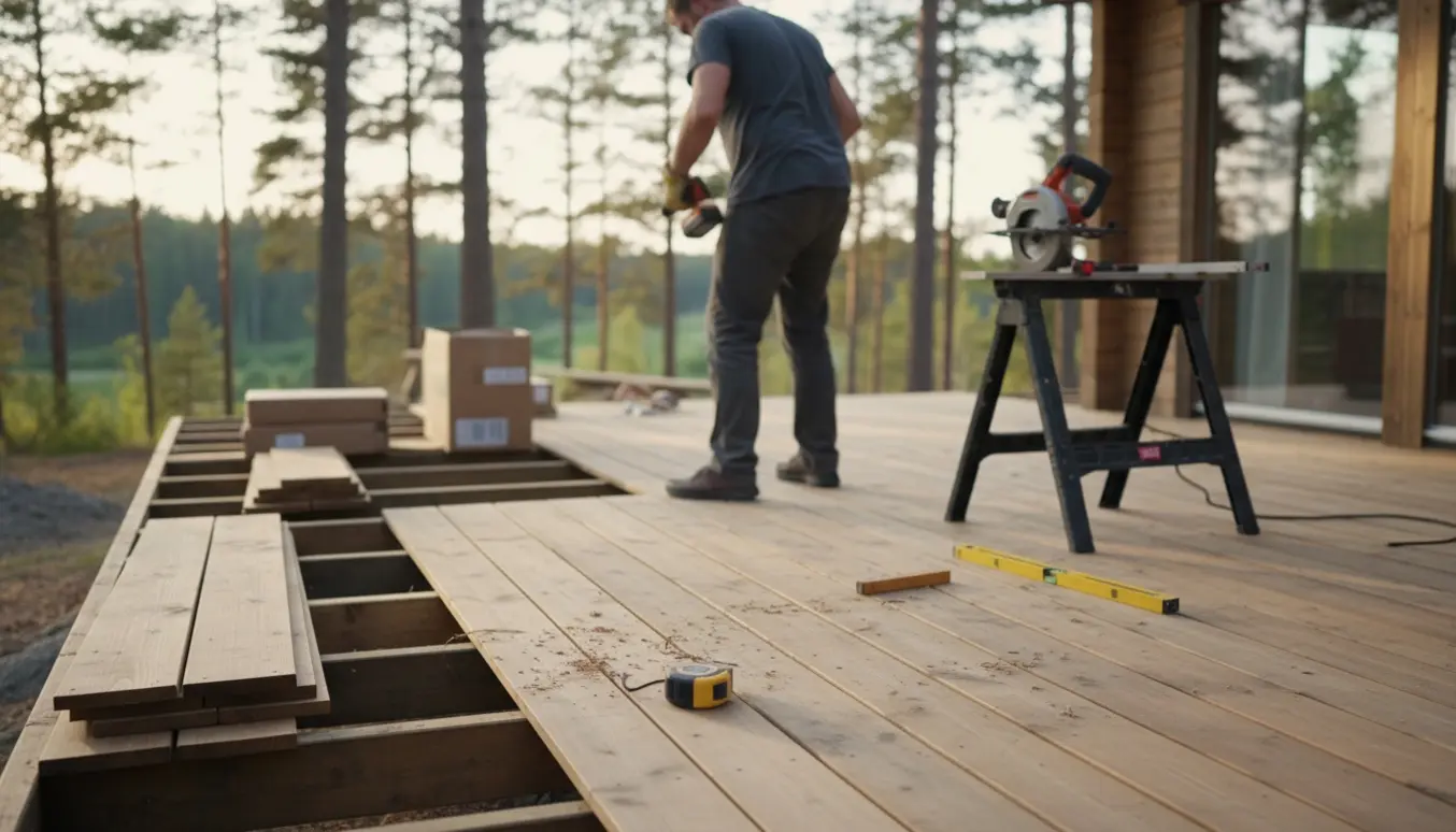 Håndværker set bagfra færdiggør en stor træterrasse ved et sommerhus med værktøj og træstakke omkring.