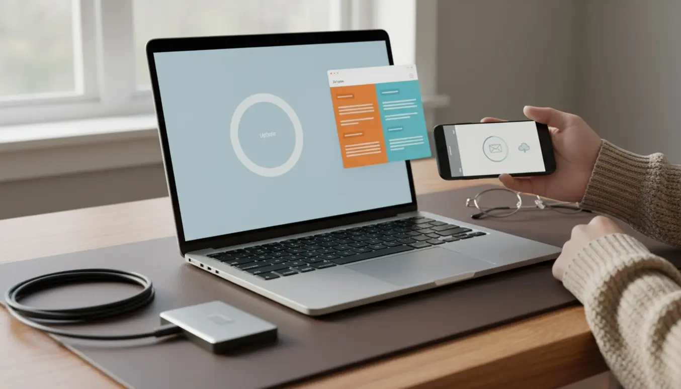 Bærbar computer og smartphone på et skrivebord med systemopdatering og e-mail-synkronisering i gang.