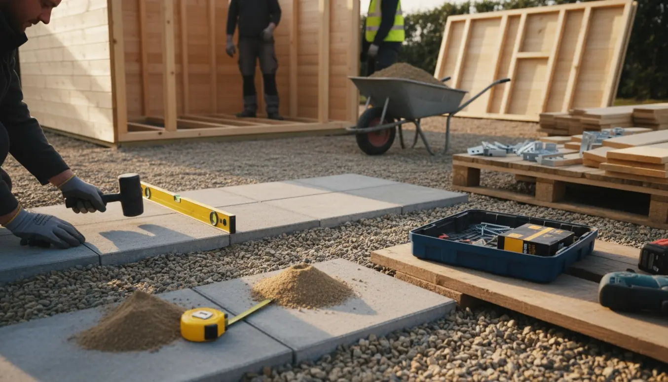 Delvist opført cykelskur på grusfundament med fliser og værktøj klar til lægning.