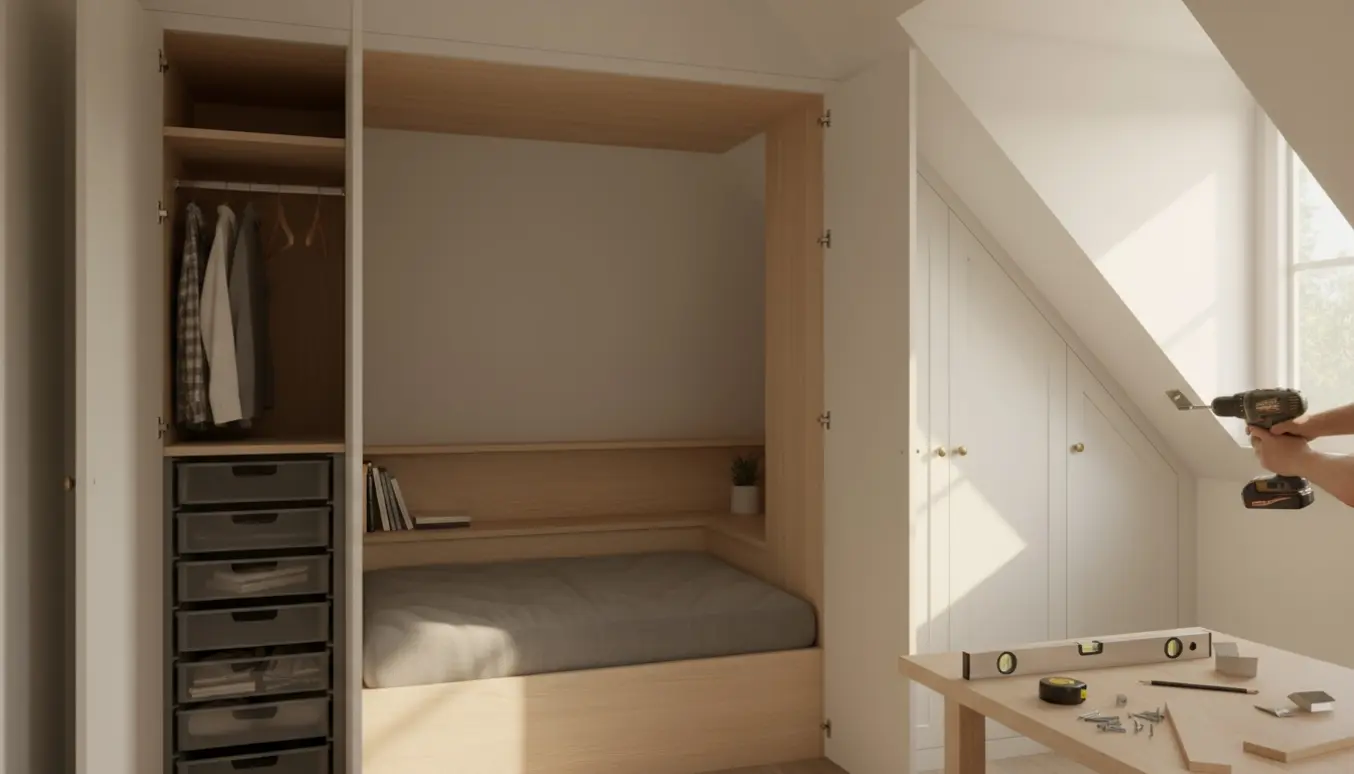 Indbygget malet træskab i skråvæg med sengsniche og værktøj til montering.