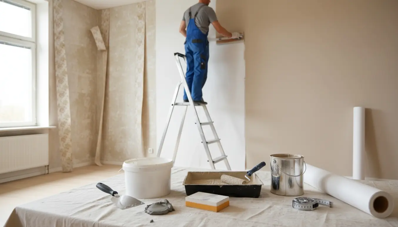 Rummeligt værelse med fjernet tapet, opsat filt og en håndværker bagfra, der spartler og maler.