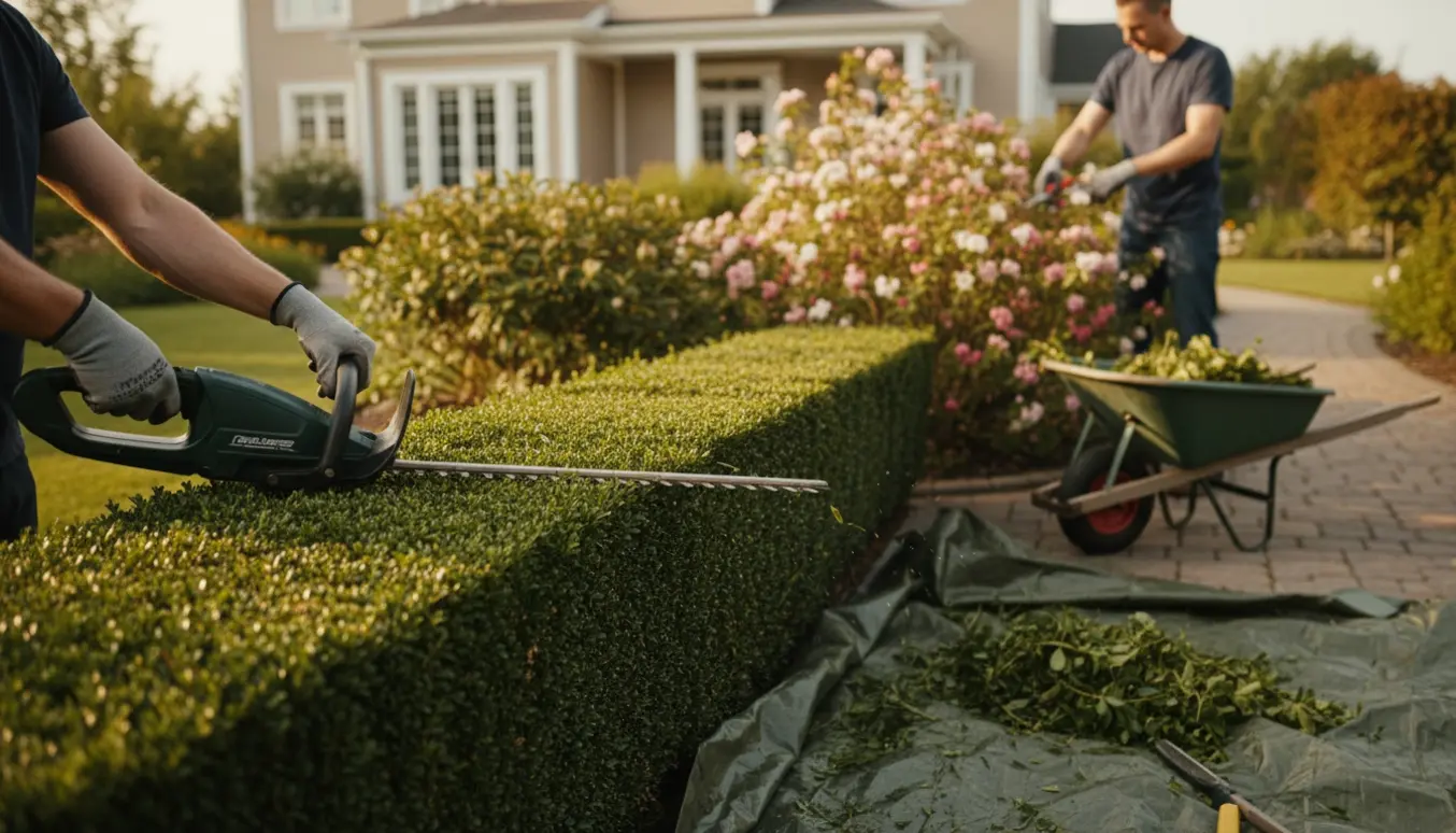 Beskæring af hæk og buske i en solrig have med hæksaks og beskæringssaks, ansigtet skjult.