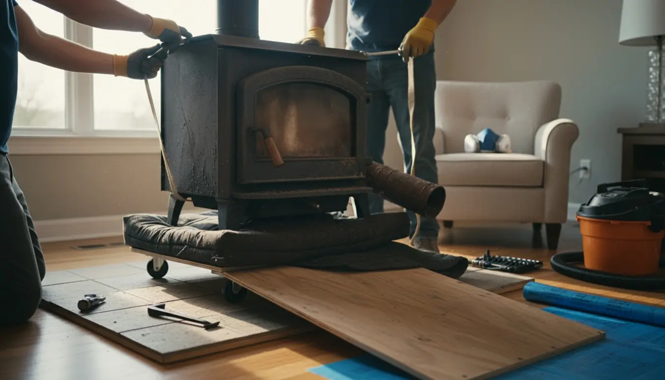 Brændeovn bliver fjernet fra en stue med værktøj, afdækningsmaterialer og afmonteret flue.