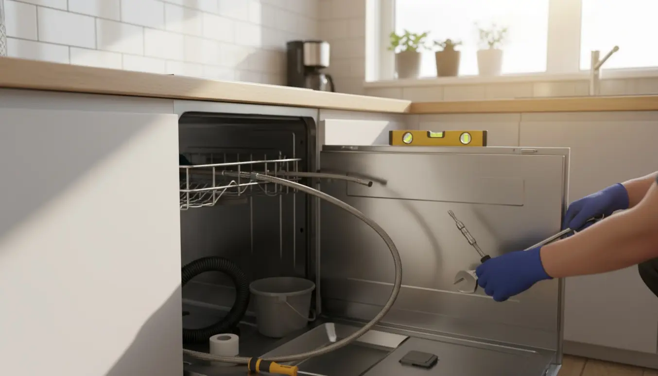 Installatørs hænder tilslutter en opvaskemaskines vandslange under en moderne køkkenbordplade.