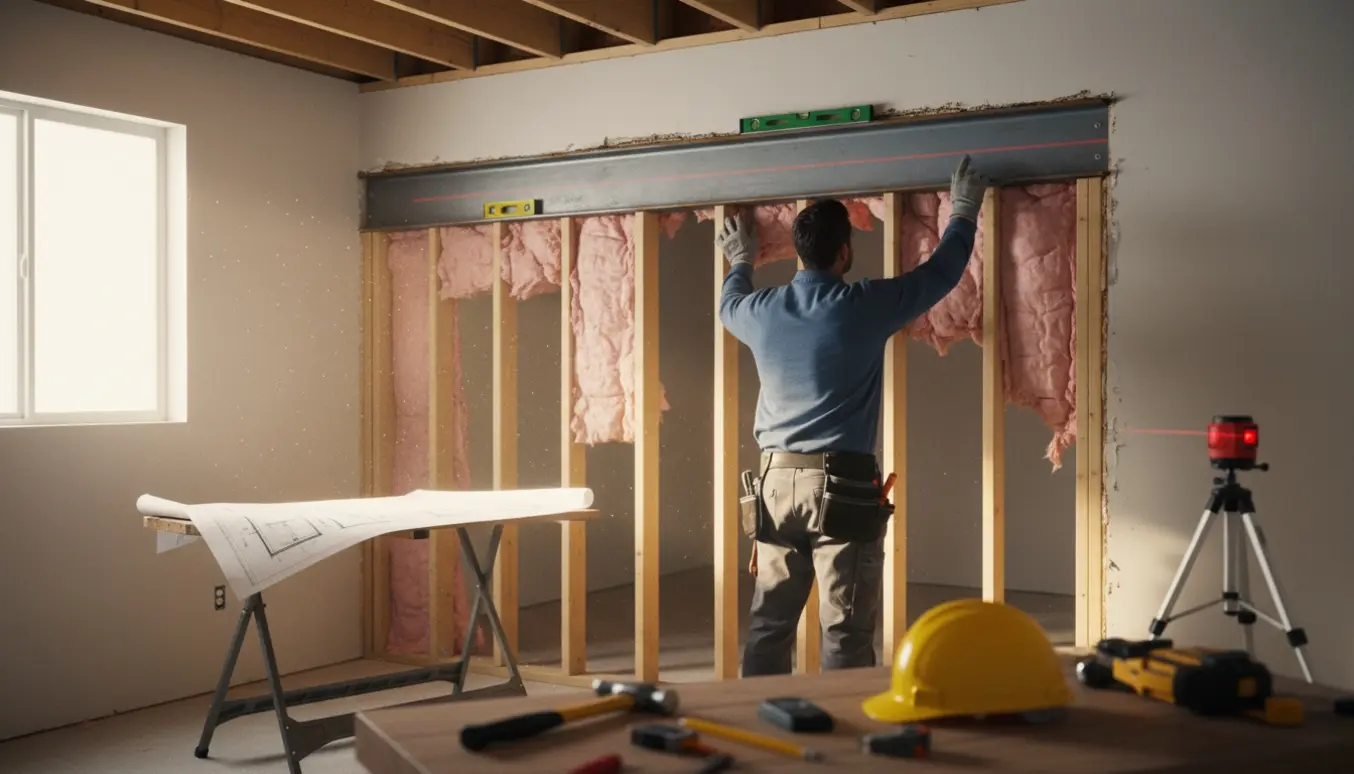 Delvist åbnet væg viser bjælke og en hånd med målebånd ved inspektion af, om væggen er bærende.