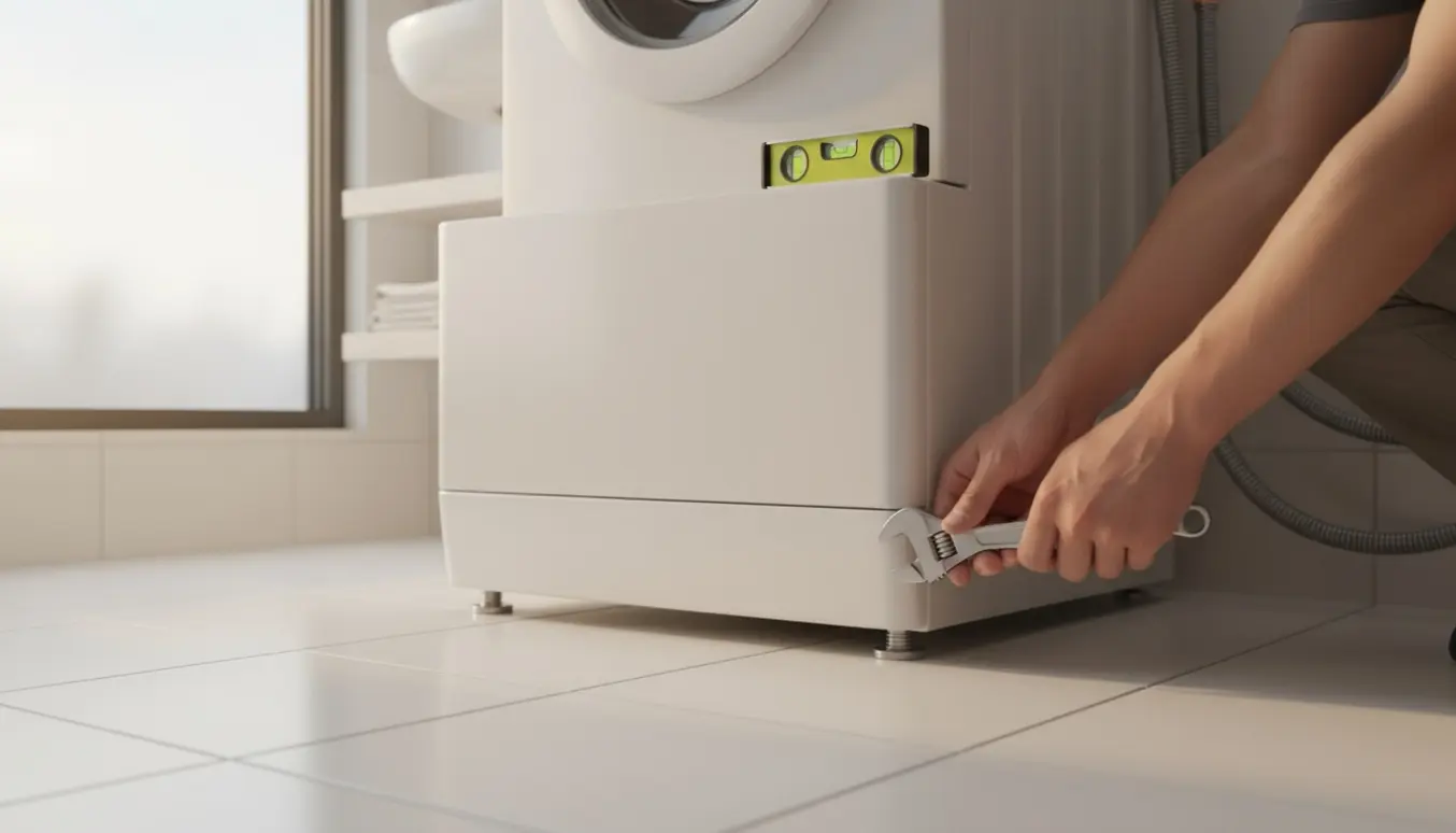 Nærbillede af hænder, der justerer skruefødderne på en hvid vaskemaskine i et lyst badeværelse.