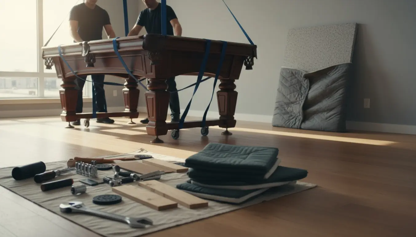 Flytteteam løfter et tungt billardbord med granitplade i en lys stue uden synlige ansigter.