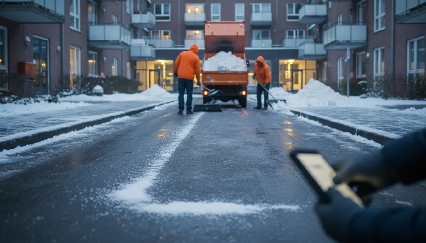 Snerydning og saltning i en andelsforening med rydede fortove og parkeringsplads, arbejdere uden synlige ansigter.