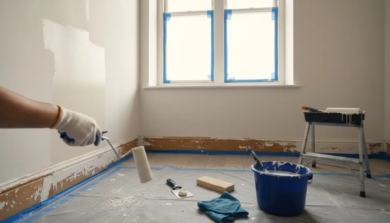 Et lille værelse under klargøring til maling med spartlede vægge, malerrulle og afdækket vinduesramme.