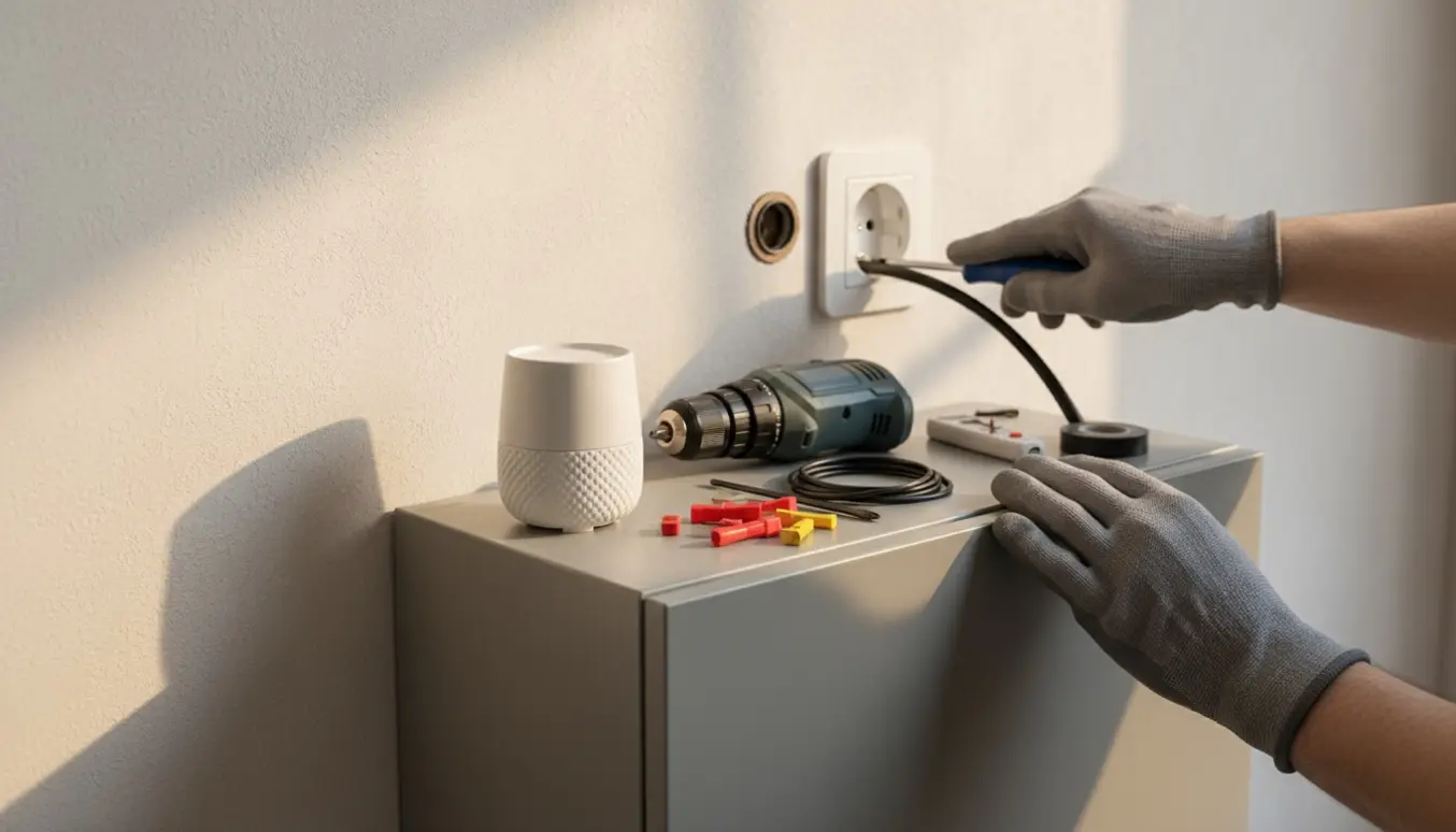 Nært foto af handskerede hænder, der monterer en stikkontakt over et gråt elskab med en diffuser på toppen.