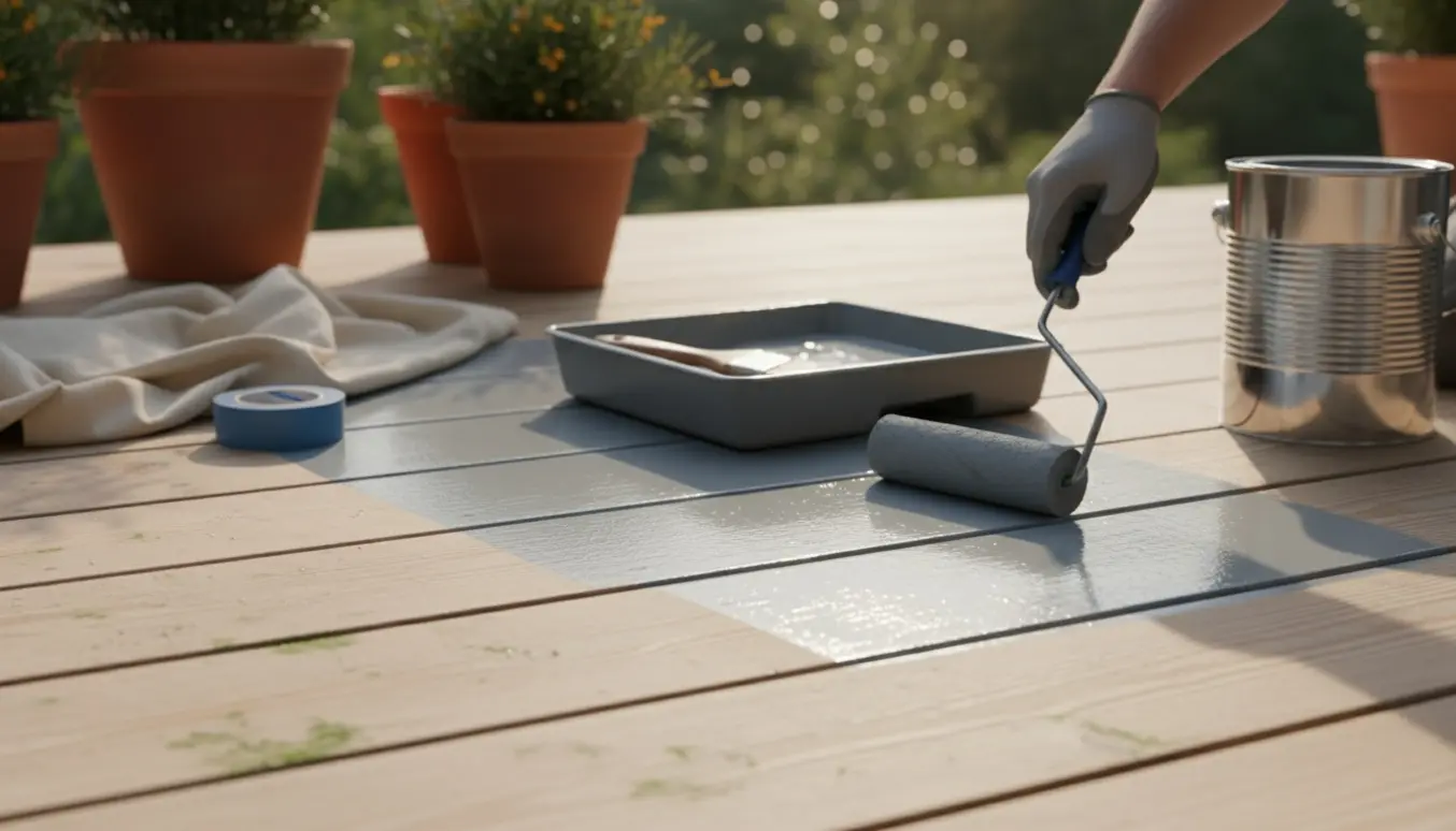 Hænder maler en nyvasket træterrasse med rulle og spand i blødt, naturligt lys.