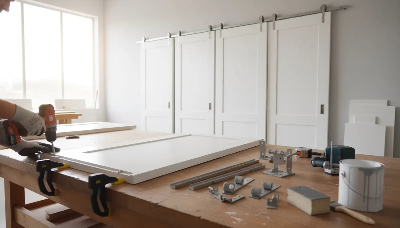 Seks specialfremstillede hvide skydelåger på et snedkerværksted med indlagte glideskinner.