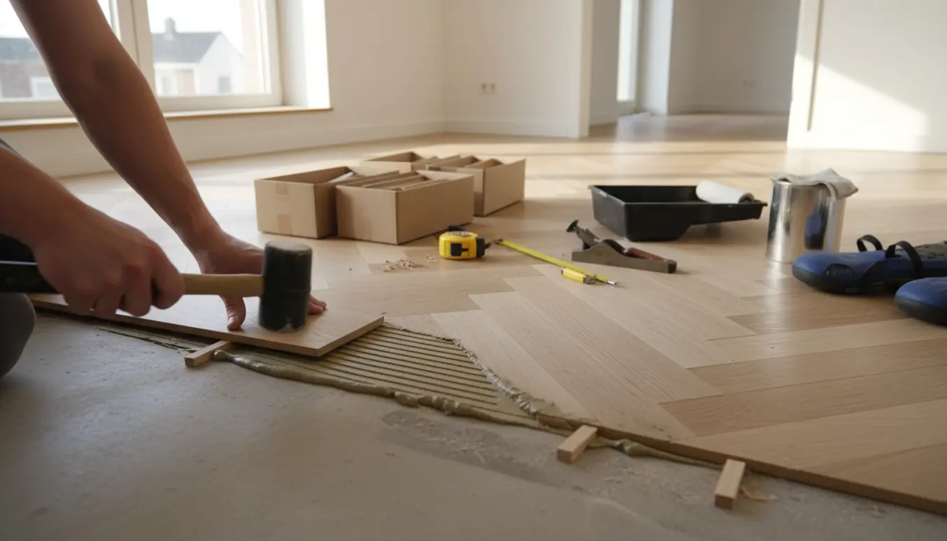 Partielt lagt sildebensparket i et lyst rum med værktøj og hænder, der placerer plankerne.