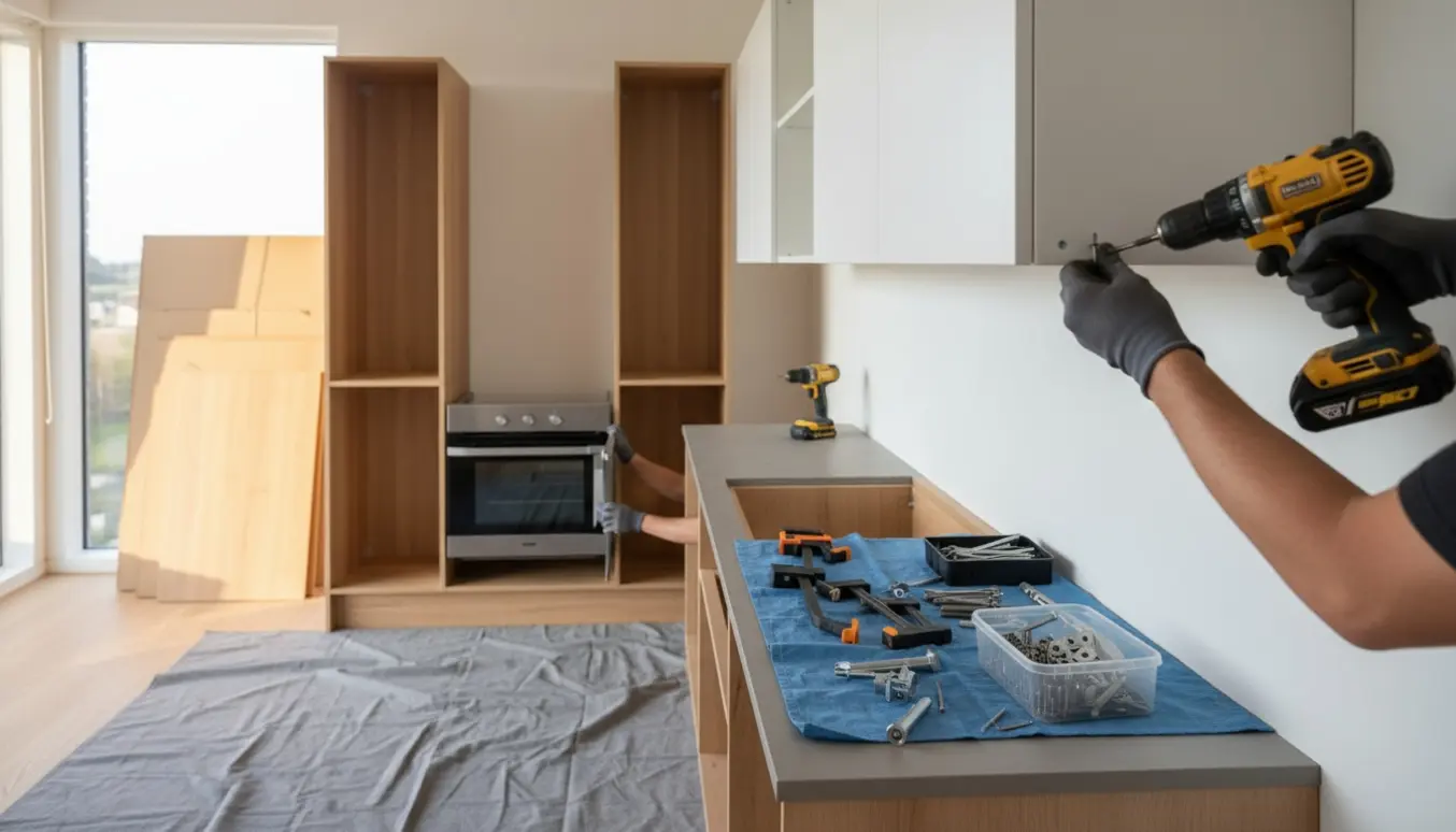 Håndværkerhænder monterer matte køkkenlåger og isætter ovn i et moderne køkken.