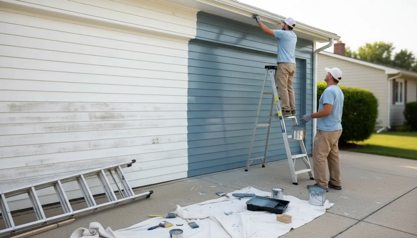 Garageudvendig under maling med stige og pensel, ansigter ikke synlige.