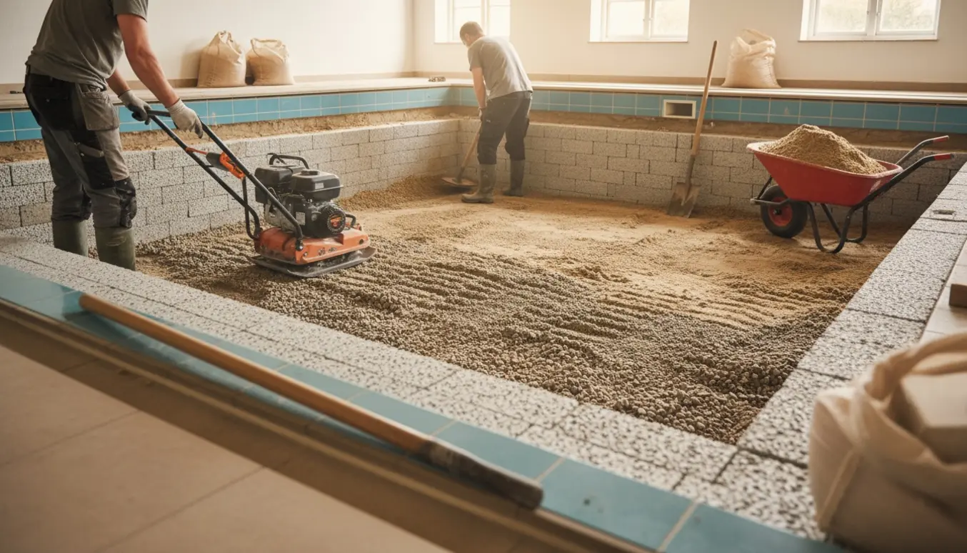 Indendørs tom swimmingpool fyldes og stampes med fundablokke i bunden og synlige skovle og vibroplade.