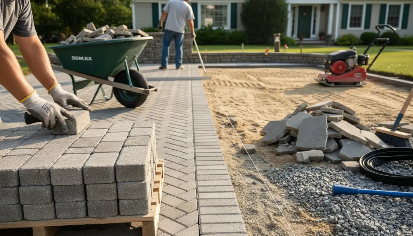 Renovering af indkørsel med nye betonfliser på udjævnet sand- og grusbund og gamle sten samlet til bortskaffelse.