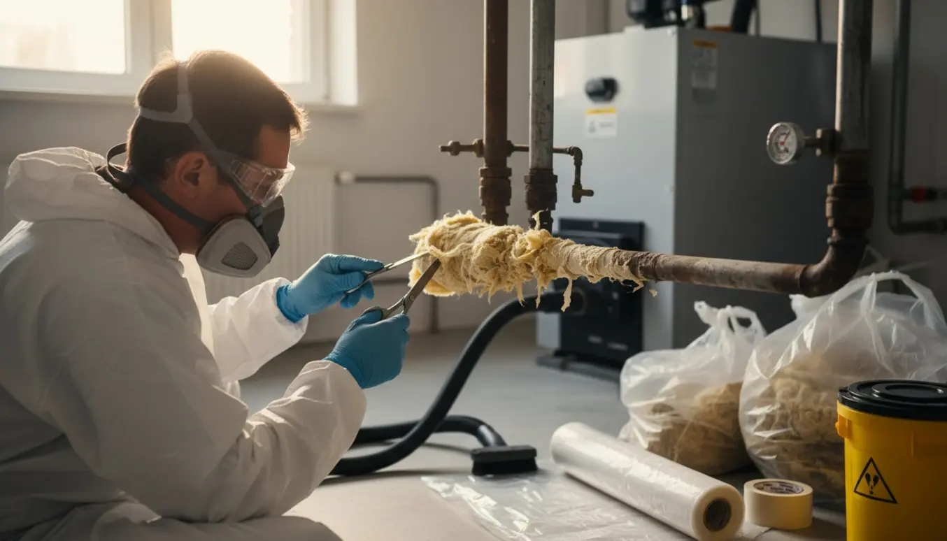 Person i beskyttelsesudstyr fjerner gammel rørisolering i et rent teknisk rum.