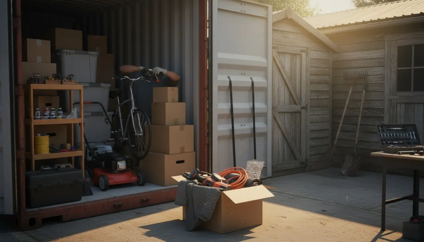Glæggende hænder pakker værktøj og hobbyting fra skur og carport i en åben flyttecontainer i eftermiddagssol.