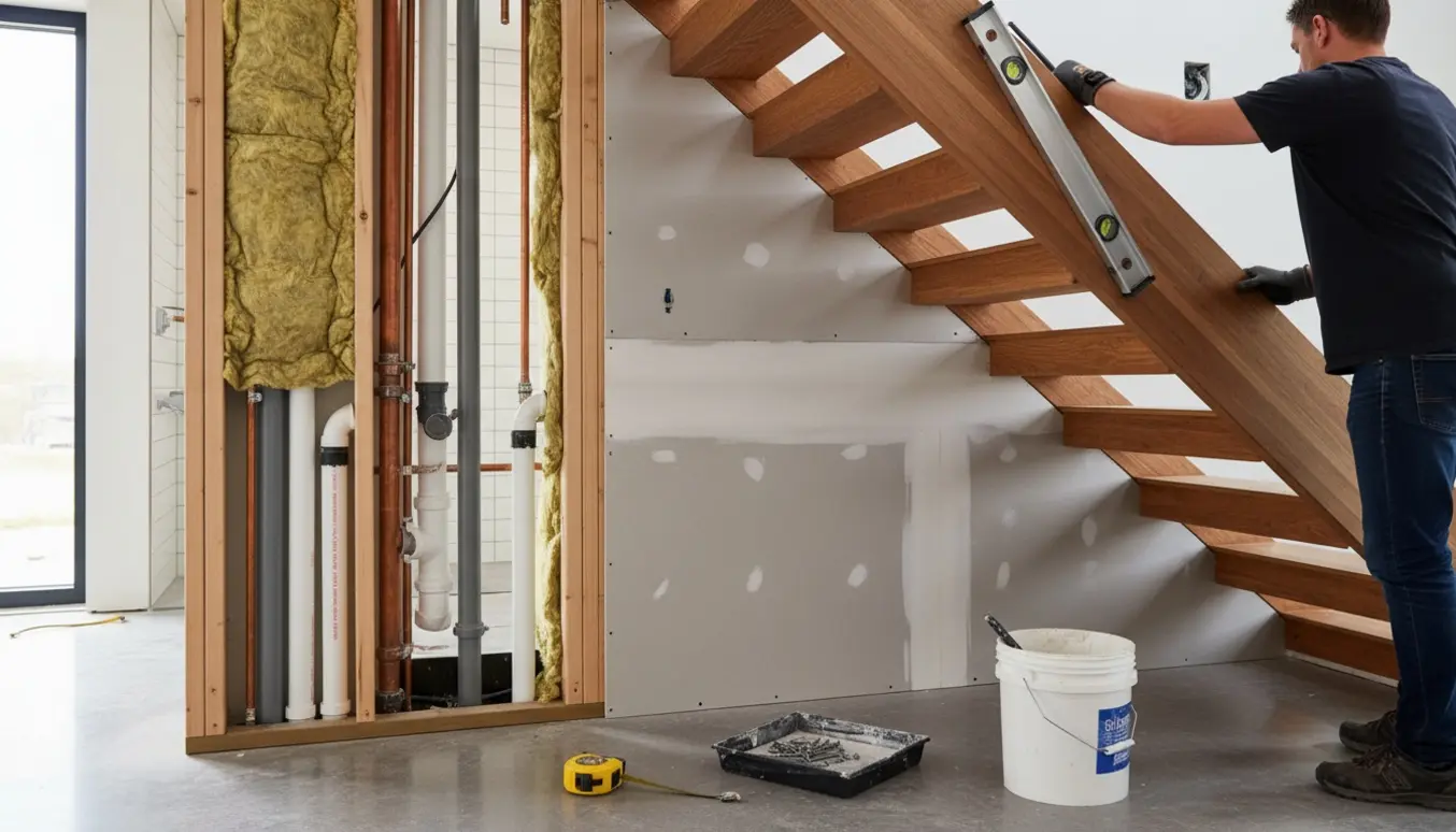 Hænder monterer en væg under en trappe for at lukke ind til badeværelset og skjule installationer.