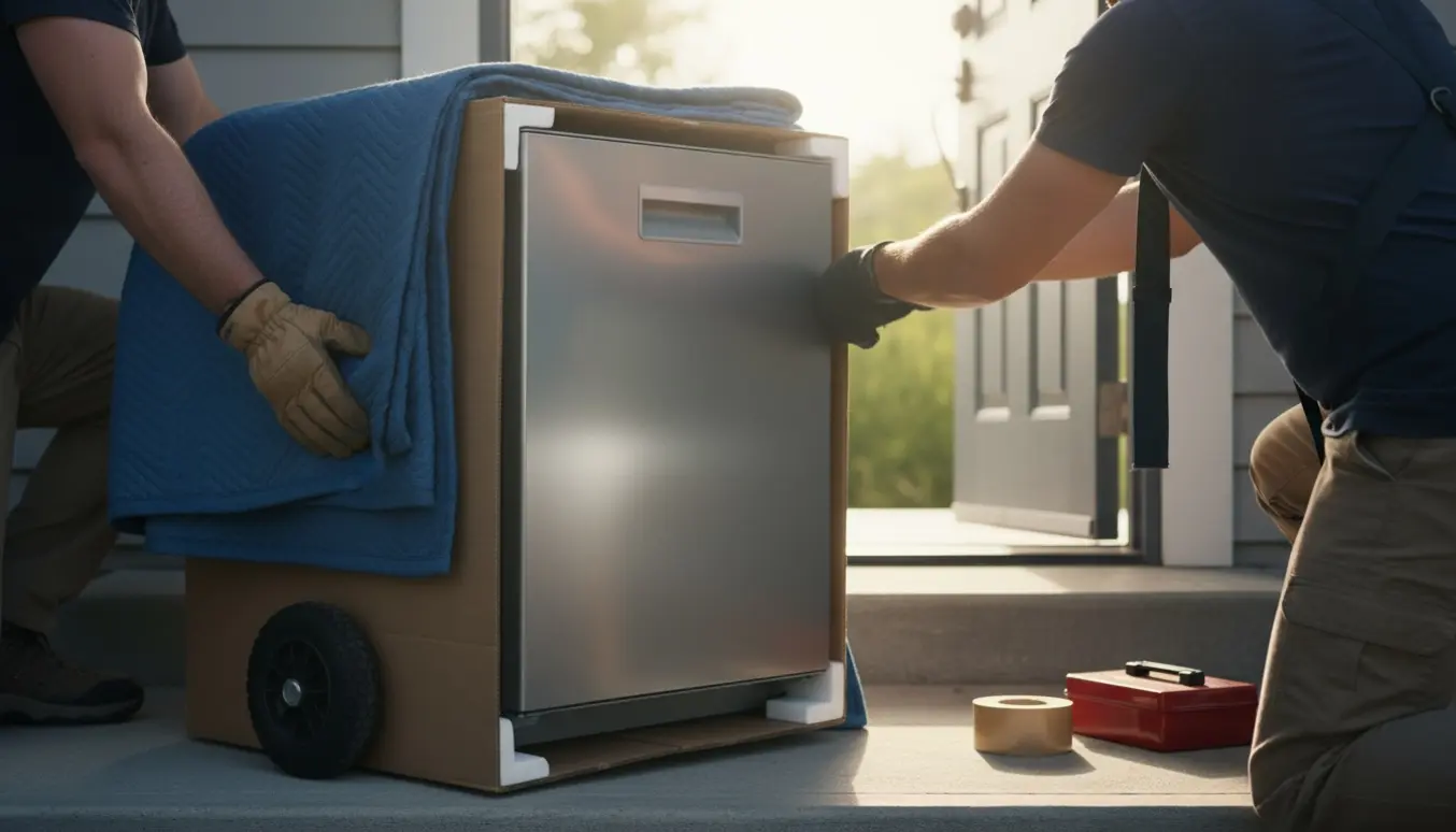 To personer bærer en lille opvaskemaskine op ad en trappe ved en åben indgang, beskyttet af flyttetæpper og en dolly.