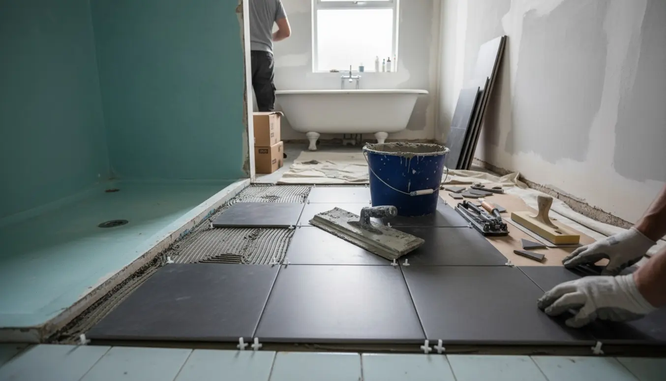 Badeværelse under renovering med nye fliser, værktøj og pudsede vægge klar til maler.