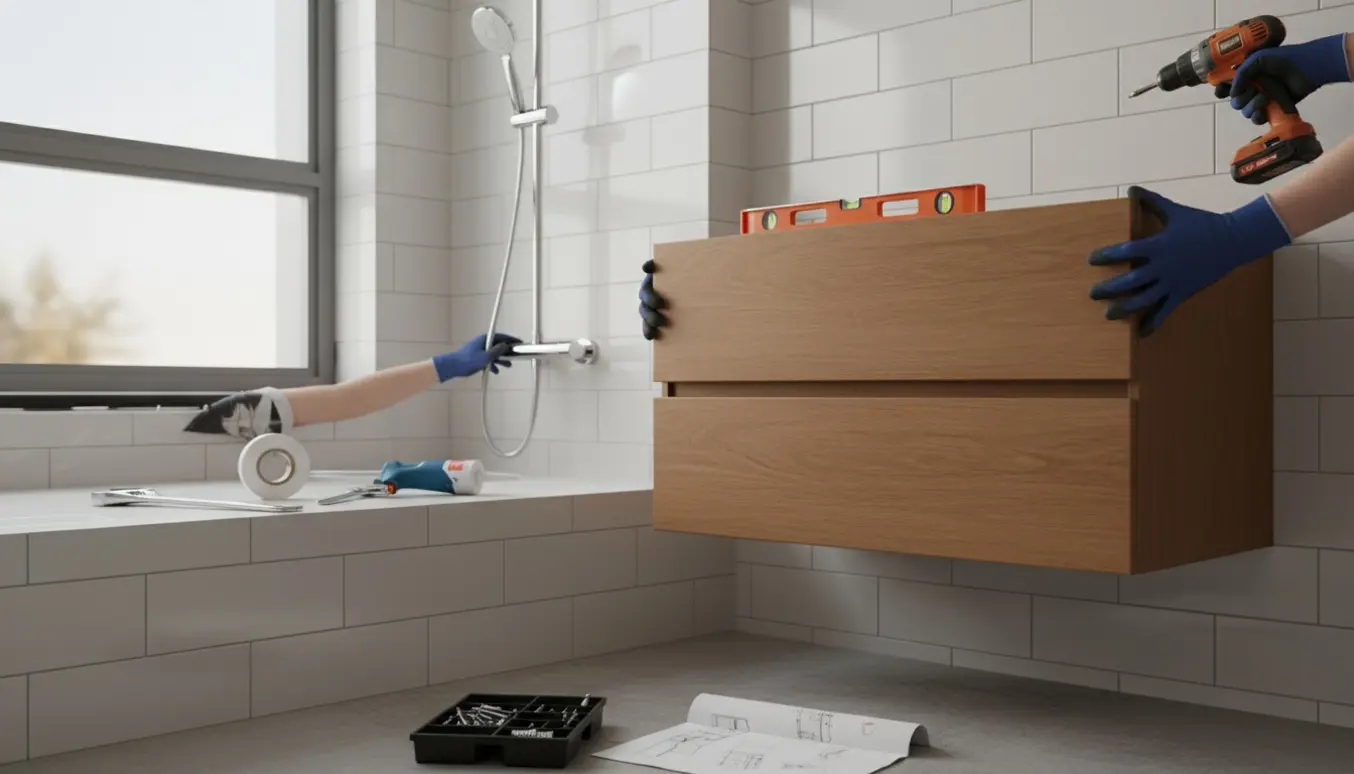 Væghængt badeværelsesmøbel og brusesæt monteres i lyst flisebadeværelse, kun hænder synlige.