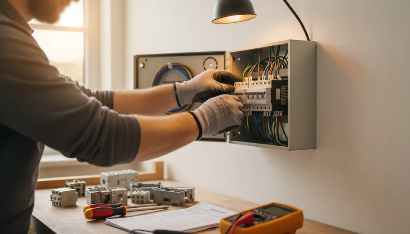 Elektriker udskifter en åben eltavle i et ryddeligt bryggers med værktøj og papirarbejde.