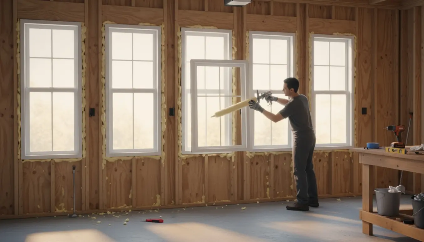 Syv smalle vinduer isættes i en garage, håndværker bruger monteringsskum og værktøj ligger klar.