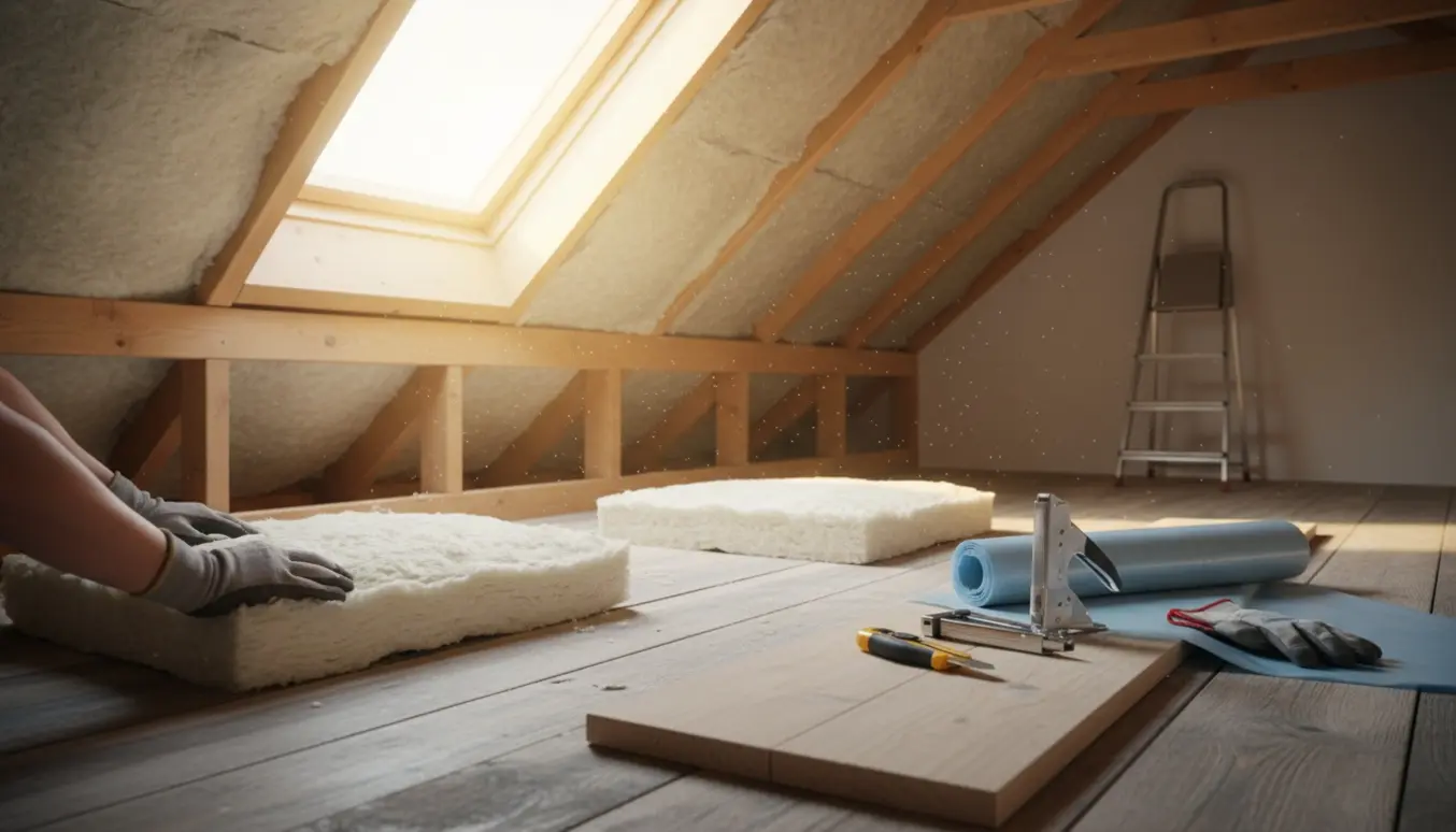 Hænder der monterer isolering mellem loftsbjælker i et lyst loftrum.