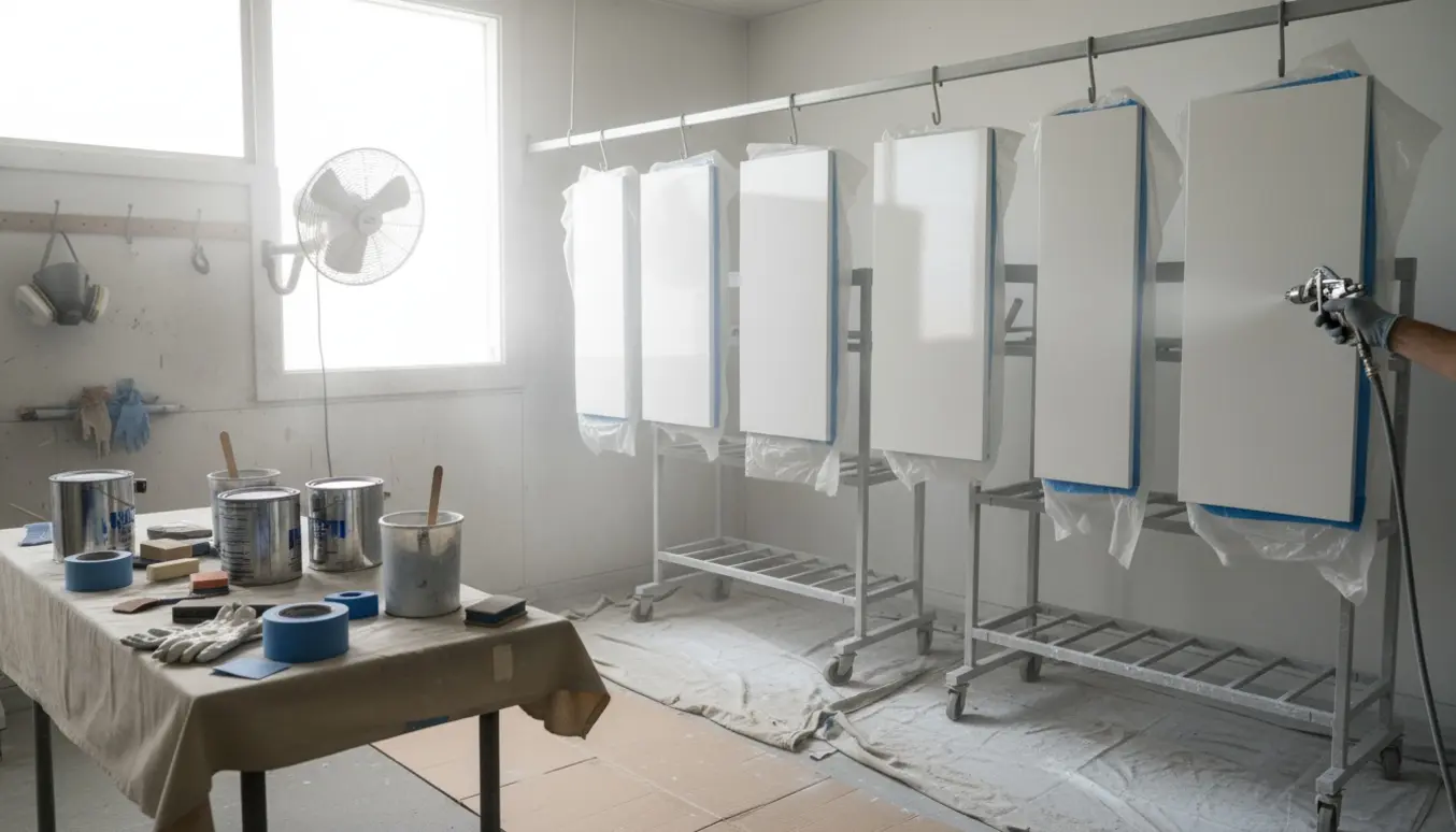 Skabslåger hænger i et værksted, og én låge sprøjtelakeres med en sprøjtepistol.