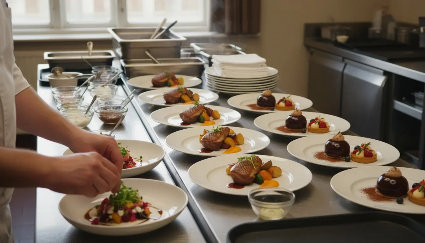 Kokkens hænder anretter rækker af tre-retters tallerkener på et velorganiseret cateringbord klar til 30 gæster.