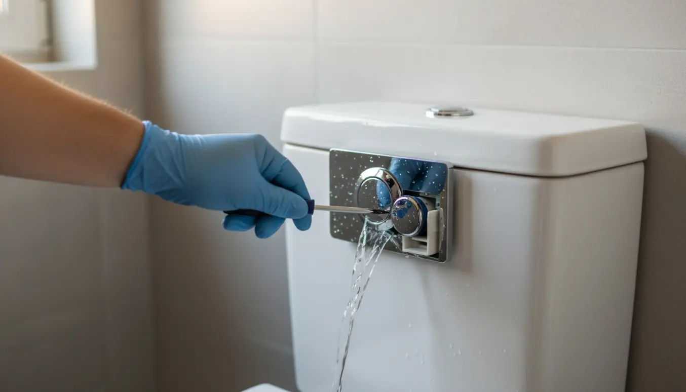 Nærbillede af en fastlåst toiletskylleknap med vand, mens en hånd løsner krompladen.