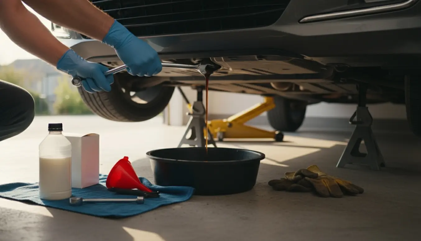 Nærbillede af olieskift på en Toyota Yaris 2017 med olie, drænbakke og nye reservedele klar.