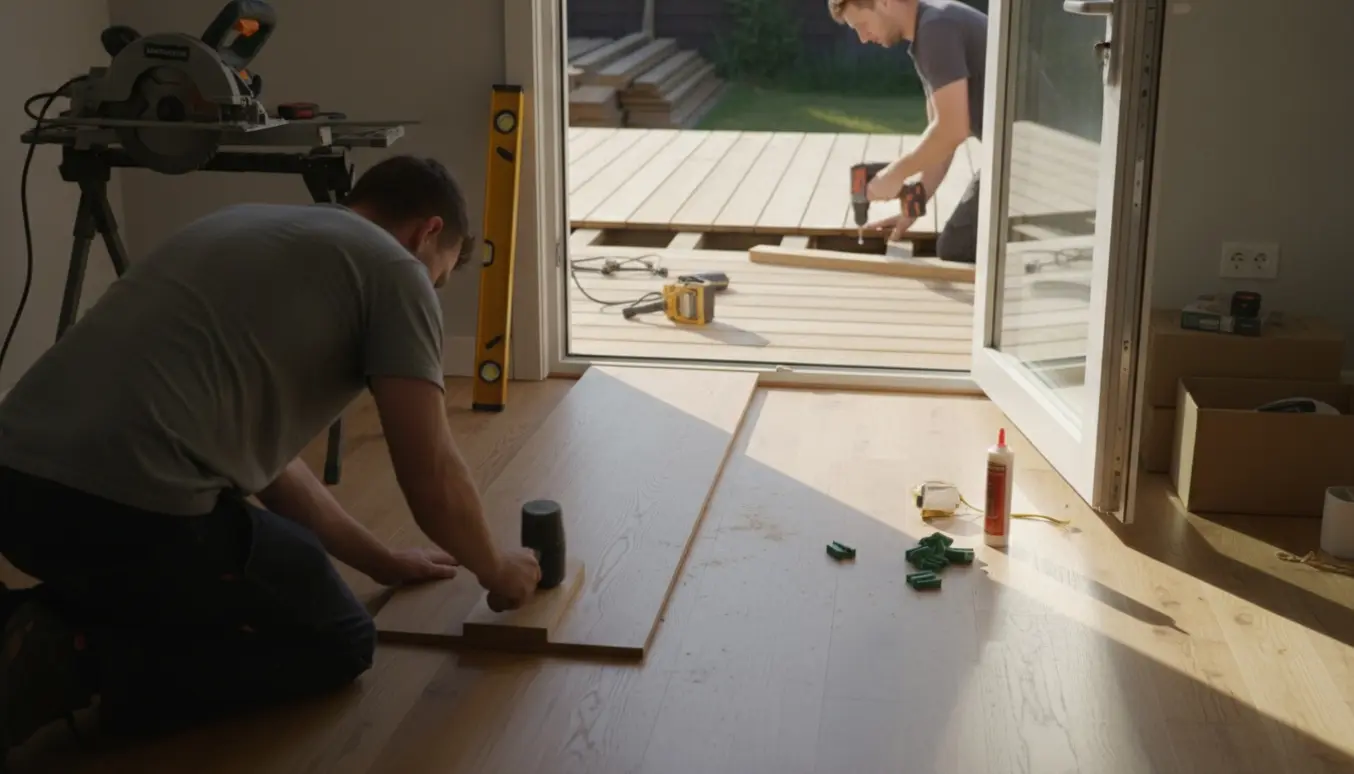 Tømrer lægger trægulv og installerer terrassedør med et delvist færdigt træterrasse udenfor.