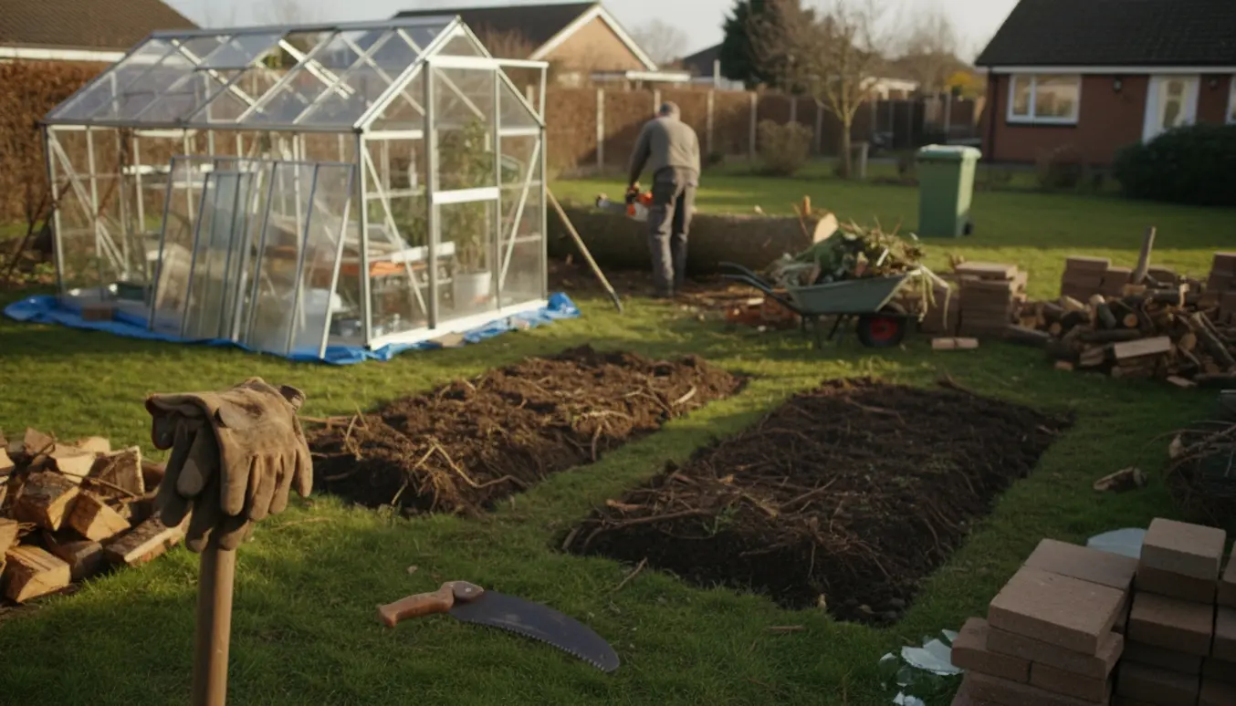 Baghave under rydning med delvist adskilt drivhus, fældet gran, opgravede bede og bunker affald klar til bortskafning.