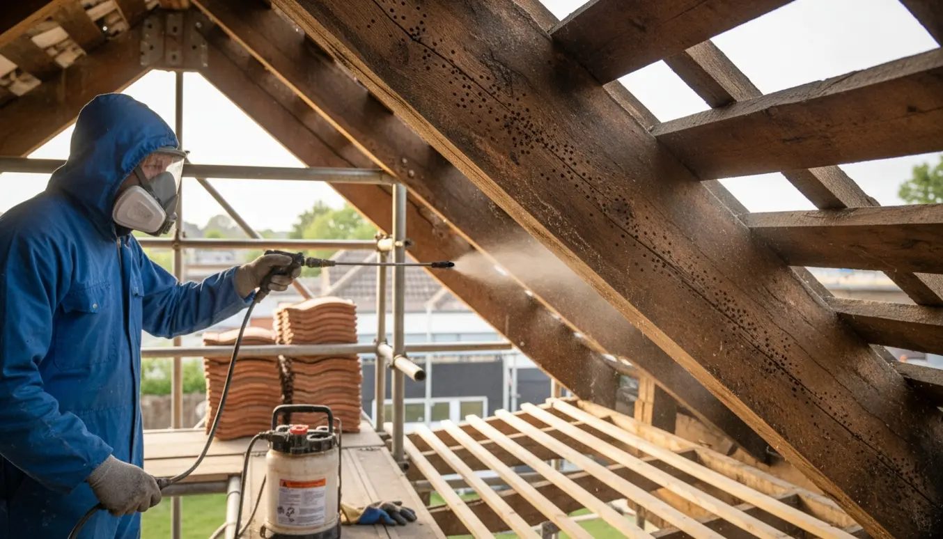 En håndværker sprayer træværk i en åben tagkonstruktion mod borebiller under tagrenovering.