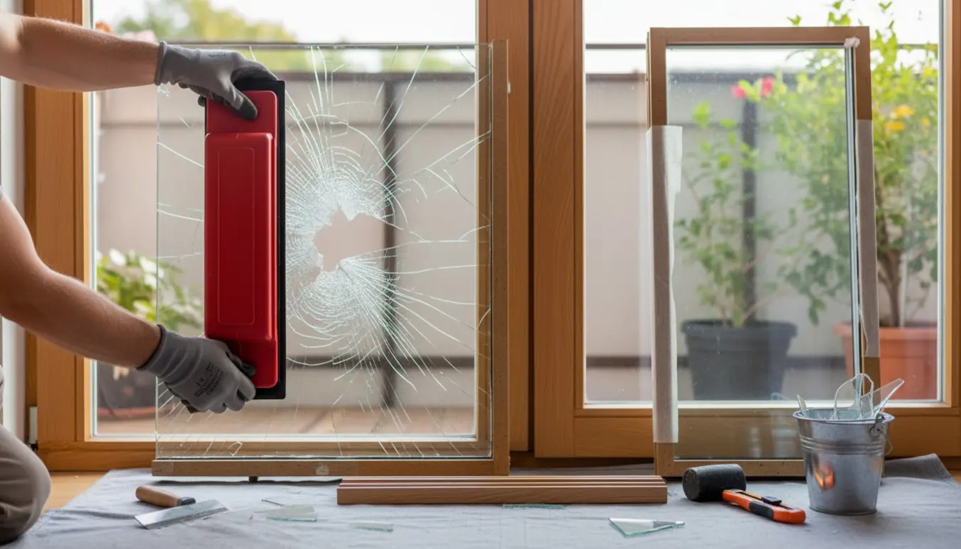 Hænder med handsker bruger en sugkop til at løfte en dobbelt rude ud af en træ altandør, med nyt glas og værktøj på et beskyttelsesunderlag.