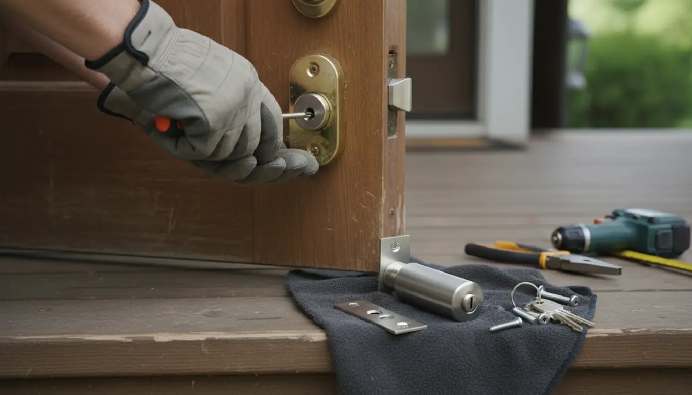 Nærbillede af hænder, der udskifter en gammel dørlås på en udvendig dør.