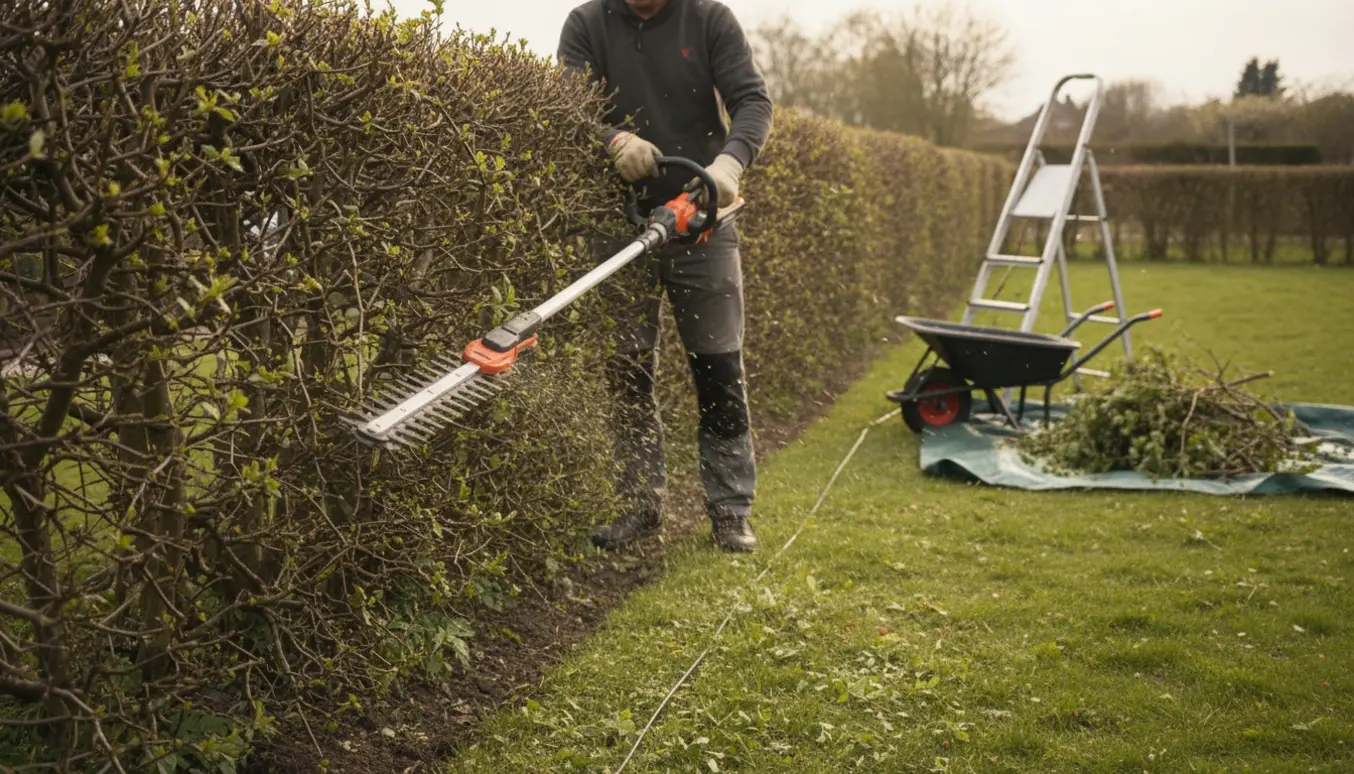 Lang hvidtjørnshæk klippes med en lang klipper, stige og trillebør fyldt med afklippede grene.