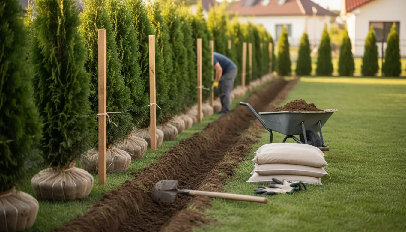 Nyplantning af thuja-hæk i en forhave med trillebør, skovl og frisk jord.