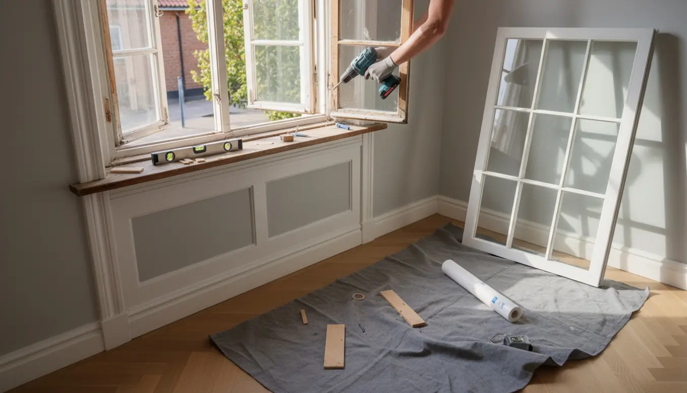 Et topstyret vindue på stueplan udskiftes i en stue med nyt vindue og værktøj i fokus.