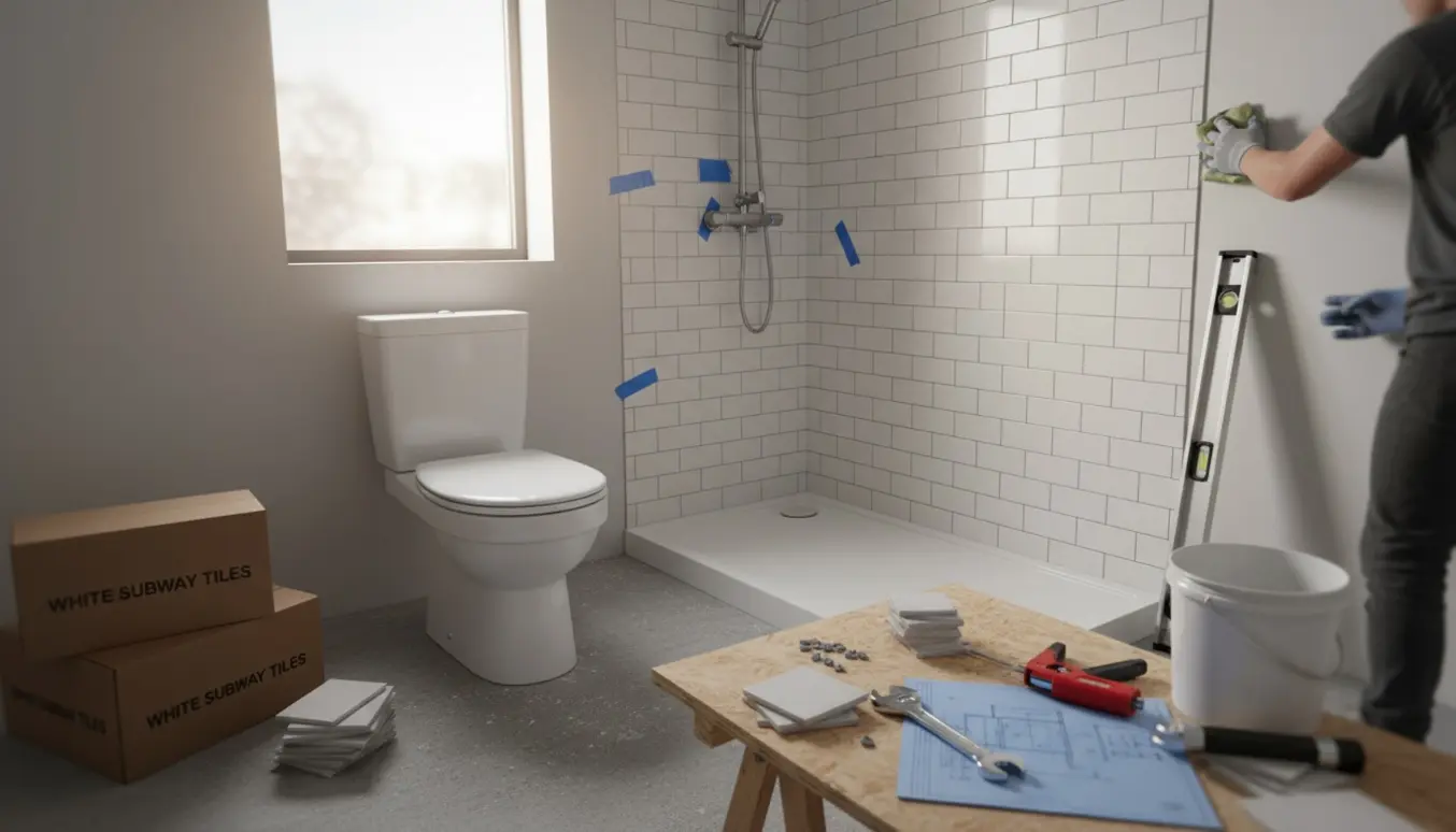 Nyt budgetvenligt badeværelse under opbygning med toilet, bruseafsnit og håndværkeres værktøj.