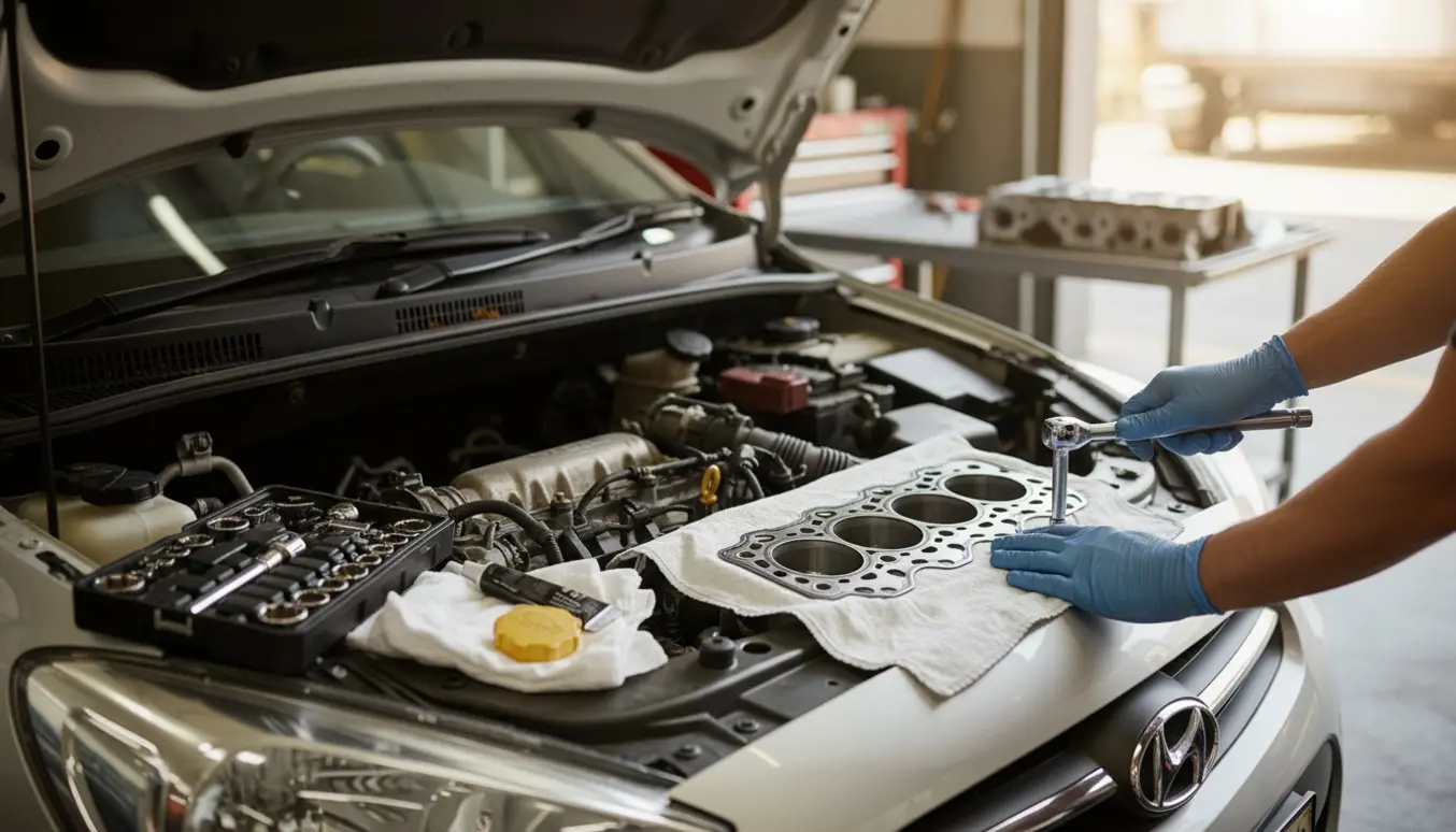 Åbent motorrum på en Hyundai i10 (2010) med en ny toppakning lagt klar og handskerede hænder, der arbejder med en momentnøgle.