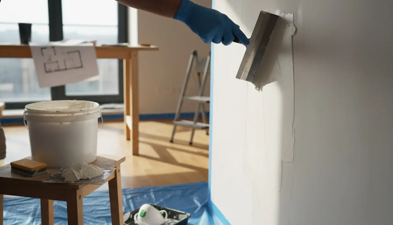 Nærbillede af hænder, der spartler en væg i en lejlighed med værktøj og en skitse over hvilke vægge der skal repareres.