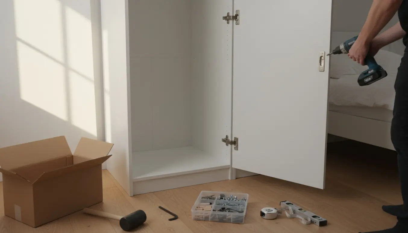 Delvist samlet hvidt PAX-garderobeskab i et lyst soveværelse med værktøj og åbent emballage.