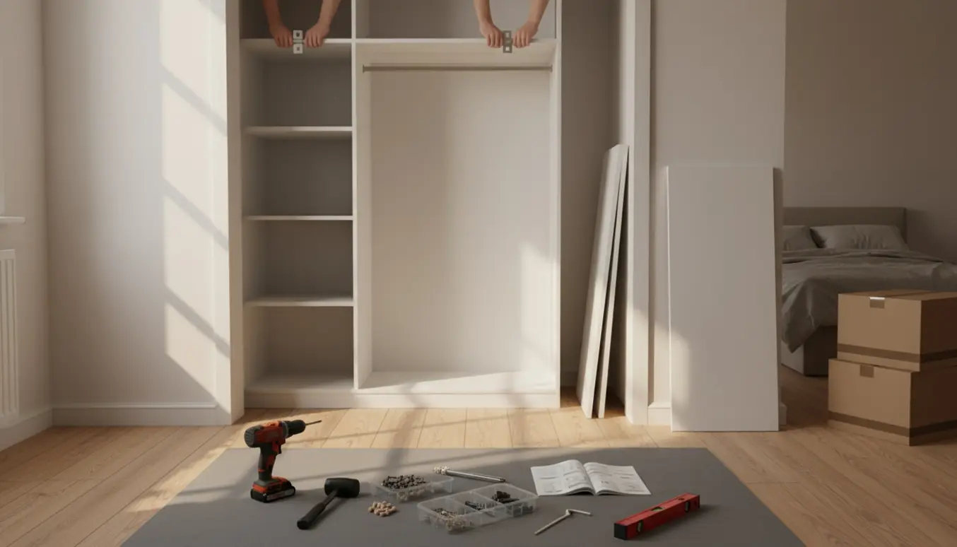 Halvfærdigt PAX-garderobeskab i et lille walk-in med værktøj og hænder, der samler skabet.