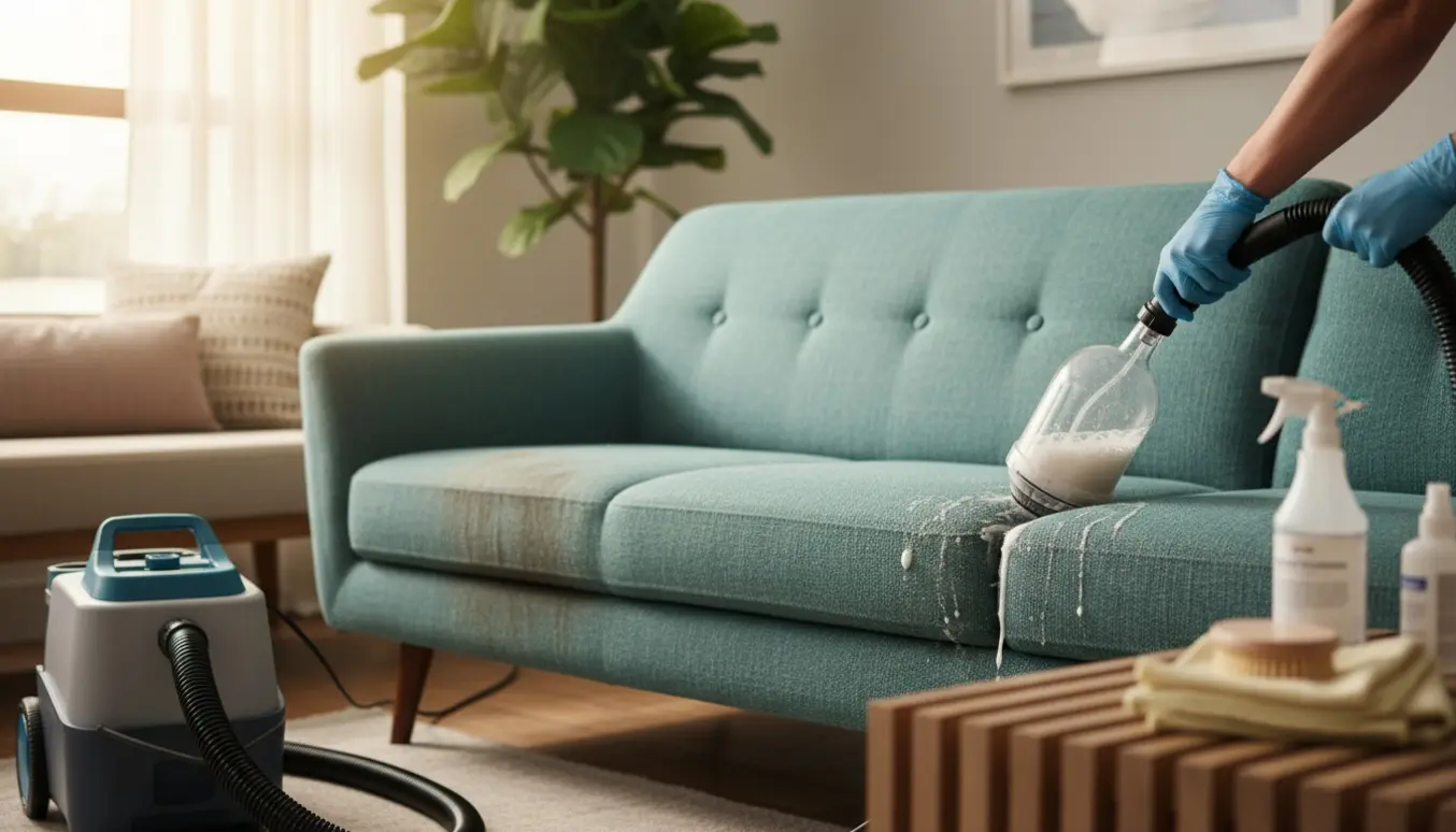 Nærbillede af en stofsofa under dybderens med polsterrensemaskine, sprayflaske og microfiberklude i et lyst opholdsområde.