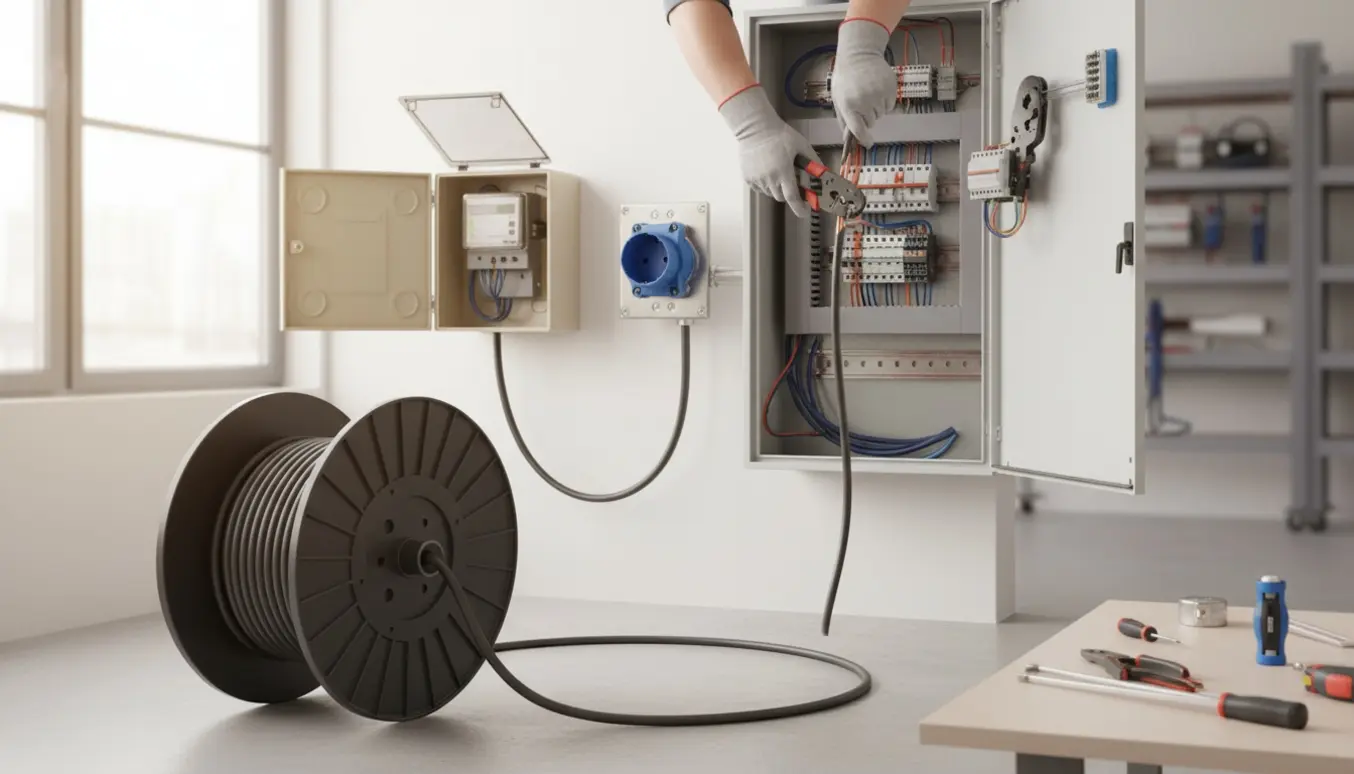 Elektriker monterer et industrikraftstik og fører en kraftig kabel fra elmåler til eltavle, kun hænderne er synlige.