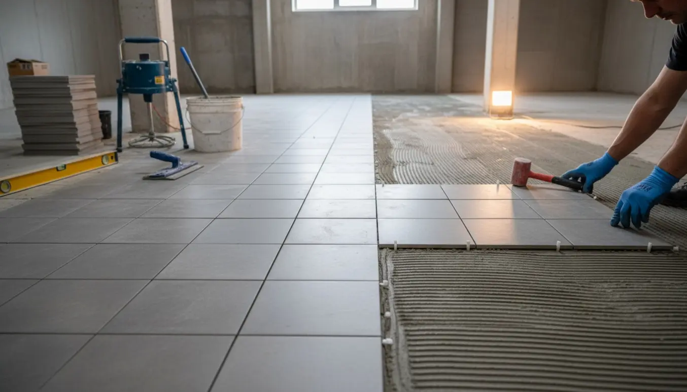 Delvist fliselagt kældergulv med 30x30 cm fliser, værktøj og en hånd, der placerer en flise.